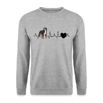 Großer Schweizer Sennenhund Herzschlag - Unisex Pullover - Weißgrau meliert - Vorne - Alina (178cm) & Michal (187cm)