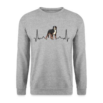 Großer Schweizer Sennenhund Herzschlag - Unisex Pullover - Weißgrau meliert - Vorne - Alina (178cm) & Michal (187cm)
