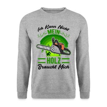 Ich kann nicht Mein Holz braucht mich Baumfäller - Unisex Pullover - Weißgrau meliert - Vorne - Alina (178cm) & Michal (187cm)