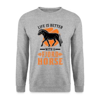 Life is better with a Fjord Horse Fjordpferd - Unisex Pullover - Weißgrau meliert - Vorne - Alina (178cm) & Michal (187cm)