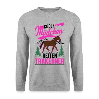 Coole Mädchen reiten Trakehner - Unisex Pullover - Weißgrau meliert - Vorne - Alina (178cm) & Michal (187cm)