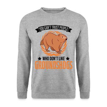 Murmeltier Geschenk Groundhog Day Woodchuck - Unisex Pullover - Weißgrau meliert - Vorne - Alina (178cm) & Michal (187cm)
