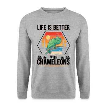 La vie est meilleure avec Chameleons Chameleon - Sweat-shirt Unisexe - gris chiné - Devant - Alina (178cm) & Michal (187cm)