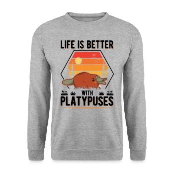 Life is better with Platypuses Schnabeltier - Unisex Sweatshirt - salt & pepper - Front - Alina (178cm) & Michal (187cm)