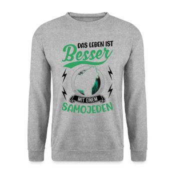 Das Leben ist besser mit einem Samojeden - Unisex Pullover - Weißgrau meliert - Vorne - Alina (178cm) & Michal (187cm)