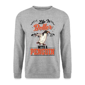 Life is better with a Penguin Pinguin - Unisex Pullover - Weißgrau meliert - Vorne - Alina (178cm) & Michal (187cm)
