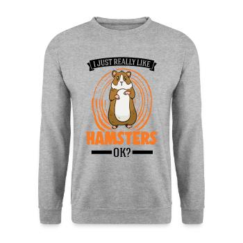 I just really like Hamsters Goldhamster Hamster - Unisex Pullover - Weißgrau meliert - Vorne - Alina (178cm) & Michal (187cm)