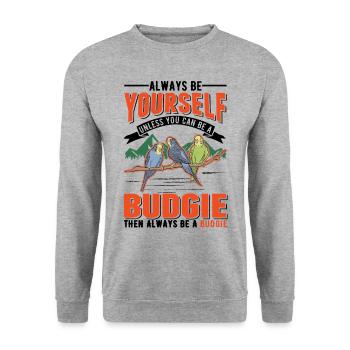 Budgerigar Gift Welli Parakeet - Unisex Sweatshirt - salt & pepper - Front - Alina (178cm) & Michal (187cm)
