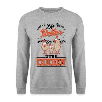 Life is better with a Chicken Landwirt Hühner - Unisex Pullover - Weißgrau meliert - Vorne - Alina (178cm) & Michal (187cm)