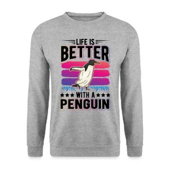 Life is better with a Penguin Pinguin - Unisex Pullover - Weißgrau meliert - Vorne - Alina (178cm) & Michal (187cm)