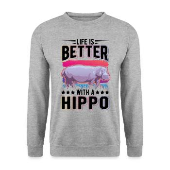 Life is better with a Hippo Nilpferd Flusspferd - Unisex Sweatshirt - salt & pepper - Front - Alina (178cm) & Michal (187cm)