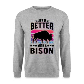 Life is better with a Bison Water Buffalo Buffalo Buffalo - Unisex Sweatshirt - salt & pepper - Front - Alina (178cm) & Michal (187cm)