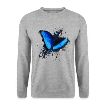 Schmetterling im Flug blau von Mrs Erdnuss - Unisex Pullover - Weißgrau meliert - Vorne - Alina (178cm) & Michal (187cm)