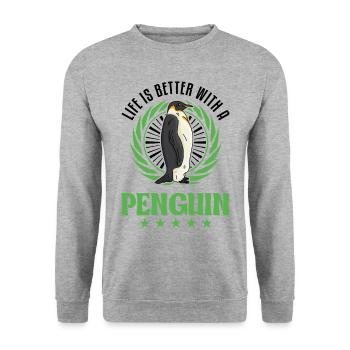 Life is better with a Penguin Pinguin - Unisex Pullover - Weißgrau meliert - Vorne - Alina (178cm) & Michal (187cm)