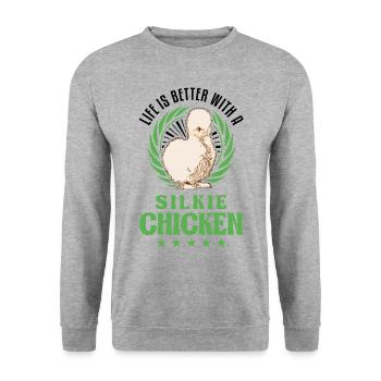 La vie est meilleure avec un poulet Silkie Seidenhuhn - Sweat-shirt Unisexe - gris chiné - Devant - Alina (178cm) & Michal (187cm)