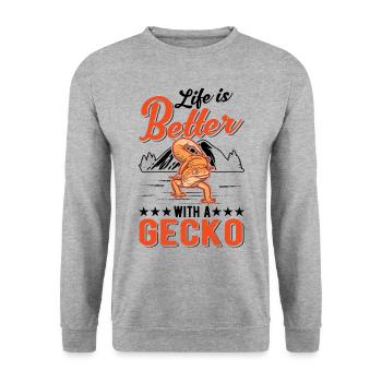 Life is better with a Gecko Leopardgecko - Unisex Pullover - Weißgrau meliert - Vorne - Alina (178cm) & Michal (187cm)