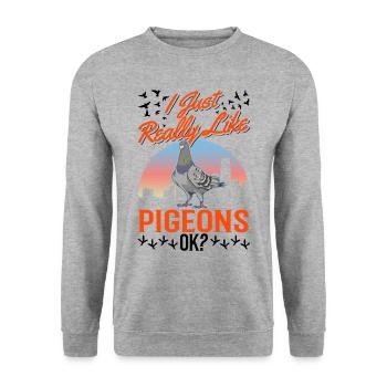 I just really like Pigeons Taube Taubenzüchter - Unisex Pullover - Weißgrau meliert - Vorne - Alina (178cm) & Michal (187cm)