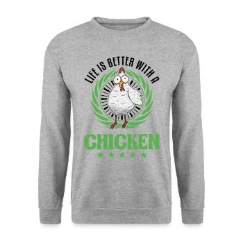 Life is better with a Chicken Landwirt Hühner - Unisex Pullover - Weißgrau meliert - Vorne - Alina (178cm) & Michal (187cm)