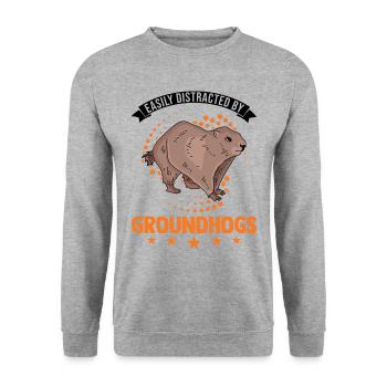 Easily distracted by Groundhogs Marmot Murmeltier - Unisex Pullover - Weißgrau meliert - Vorne - Alina (178cm) & Michal (187cm)