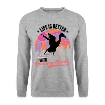 La vie est meilleure avec les canards qui courent - Sweat-shirt Unisexe - gris chiné - Devant - Alina (178cm) & Michal (187cm)