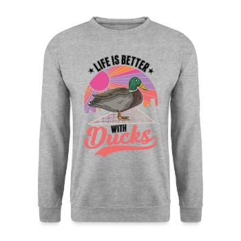 Das Leben ist besser mit Enten - Unisex Pullover - Weißgrau meliert - Vorne - Alina (178cm) & Michal (187cm)