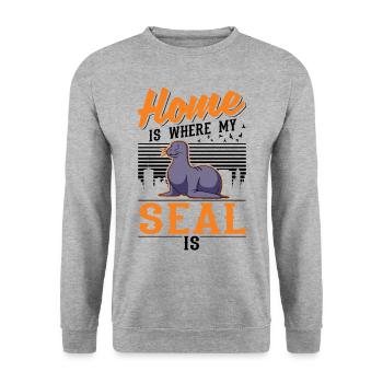 Zuhause ist wo meine Robbe ist Seehund Seelöwe - Unisex Pullover - Weißgrau meliert - Vorne - Alina (178cm) & Michal (187cm)