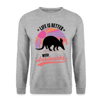 La vie est meilleure avec aardvark - Sweat-shirt Unisexe - gris chiné - Devant - Alina (178cm) & Michal (187cm)