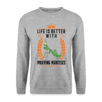 Das Leben ist besser mit Gottesanbeterinnen - Unisex Pullover - Weißgrau meliert - Vorne - Alina (178cm) & Michal (187cm)
