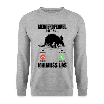 Mein Erdferkel ruft an Ich muss los - Unisex Pullover - Weißgrau meliert - Vorne - Alina (178cm) & Michal (187cm)