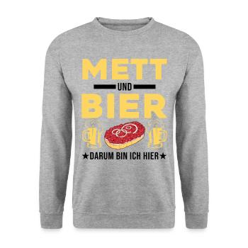 Mett und Bier Darum bin ich hier Mettbrötchen - Unisex Pullover - Weißgrau meliert - Vorne - Alina (178cm) & Michal (187cm)