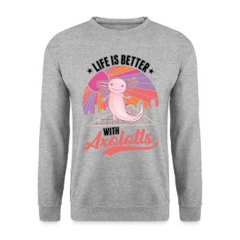 Das Leben ist besser mit Axolotls - Unisex Pullover - Weißgrau meliert - Vorne - Alina (178cm) & Michal (187cm)