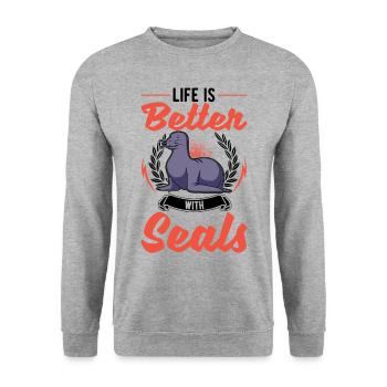Das Leben ist besser mit einem Seehund Robbe - Unisex Pullover - Weißgrau meliert - Vorne - Alina (178cm) & Michal (187cm)