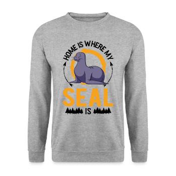 Zuhause ist wo meine Robbe ist Seehund Seelöwe - Unisex Pullover - Weißgrau meliert - Vorne - Alina (178cm) & Michal (187cm)