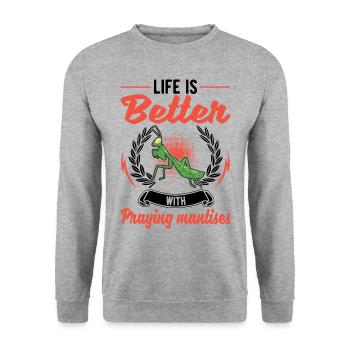 Das Leben ist besser mit Gottesanbeterinnen - Unisex Pullover - Weißgrau meliert - Vorne - Alina (178cm) & Michal (187cm)