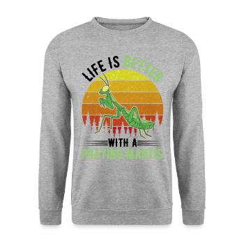 Das Leben ist besser mit einer Gottesanbeterin - Unisex Pullover - Weißgrau meliert - Vorne - Alina (178cm) & Michal (187cm)
