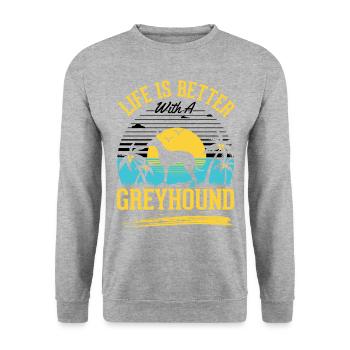 Das Leben ist besser mit einem Windhund Greyhound - Unisex Pullover - Weißgrau meliert - Vorne - Alina (178cm) & Michal (187cm)
