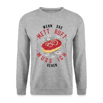 Wenn das Mett ruft Muss ich gehen Mettbrötchen - Unisex Pullover - Weißgrau meliert - Vorne - Alina (178cm) & Michal (187cm)
