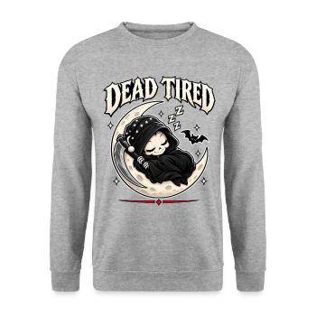 Todmüde – Schläfriger Sensenmann auf dem Mond - Unisex Pullover - Weißgrau meliert - Vorne - Alina (178cm) & Michal (187cm)
