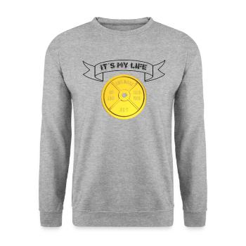 Plaque de poids Bannière « It ́s My Life » noir - Sweat-shirt Unisexe - gris chiné - Devant - Alina (178cm) & Michal (187cm)