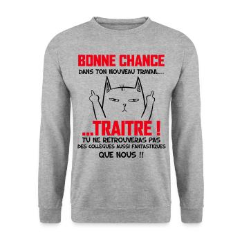 Départ Collègue Traître humour chat - Sweat-shirt Unisexe - gris chiné - Devant - Alina (178cm) & Michal (187cm)