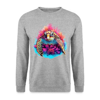 Schildkröte schwimmt im Korallenriff - Unisex Pullover - Weißgrau meliert - Vorne - Alina (178cm) & Michal (187cm)