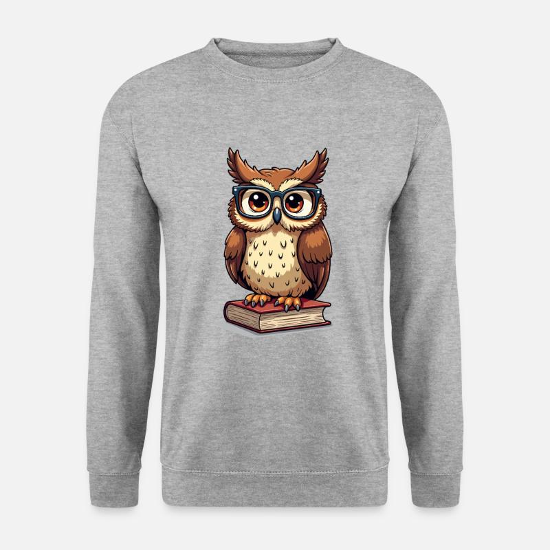 Süße Eule mit Brille auf Buch - Unisex Pullover - Weißgrau meliert