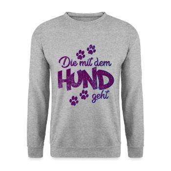 Die mit dem Hund geht | Hundebesitzer Geschenkidee - Unisex Pullover - Weißgrau meliert - Vorne - Alina (178cm) & Michal (187cm)