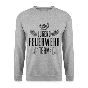 Jugend Feuerwehr Team Feuerwehrmann - Unisex Pullover - Weißgrau meliert - Vorne - Alina (178cm) & Michal (187cm)