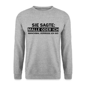 Sie sagte Malle oder ich lustige Mallorca Sprüche - Unisex Pullover - Weißgrau meliert - Vorne - Alina (178cm) & Michal (187cm)