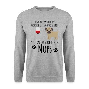 Mops-Motiv für Wein-Liebhaber - Unisex Pullover - Weißgrau meliert - Vorne - Alina (178cm) & Michal (187cm)