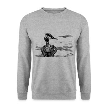 Vintage Haubentaucher schwimmend auf Fluss - Unisex Pullover - Weißgrau meliert - Vorne - Alina (178cm) & Michal (187cm)