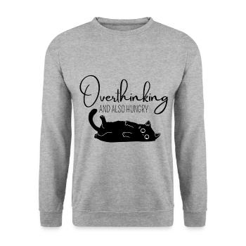 Katze cooler Spruch Overthinking Geschenk Idee Cat - Unisex Pullover - Weißgrau meliert - Vorne - Alina (178cm) & Michal (187cm)