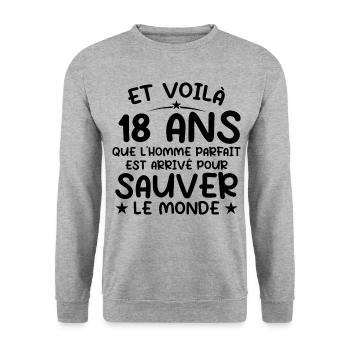 18 Jahre altes Geburtstagsgeschenk 18 Jahre alte Männer - Unisex Pullover - Weißgrau meliert - Vorne - Alina (178cm) & Michal (187cm)