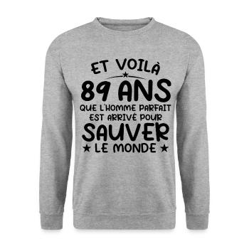 89 ans Cadeau anniversaire 89 ans Homme - Sweat-shirt Unisexe - gris chiné - Devant - Alina (178cm) & Michal (187cm)